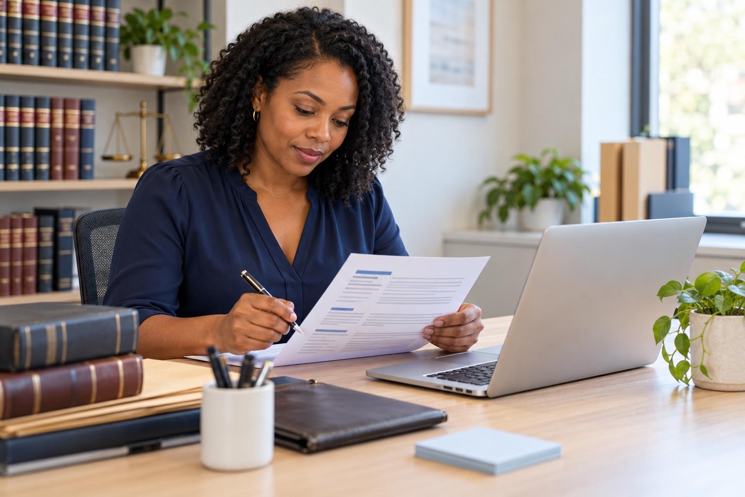 Paralegal preparing a printed resume at a laptop in a bright contemporary law-office workroom