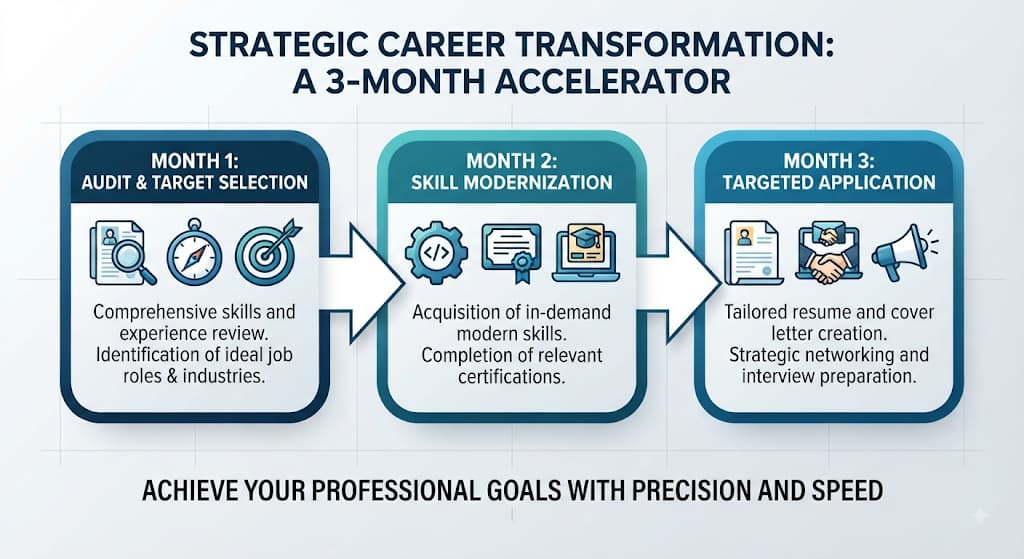 Three-month career plan diagram: audit, skill modernization, then targeted applications
