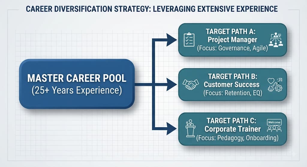 Diagram branching a 25-year career pool into project manager, customer success, and trainer paths