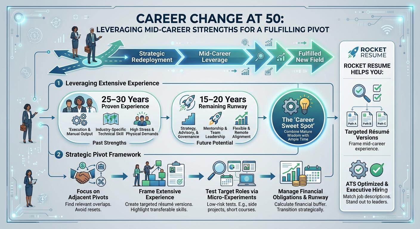 Infographic on changing careers at 50, mapping mid-career strengths to a pivot