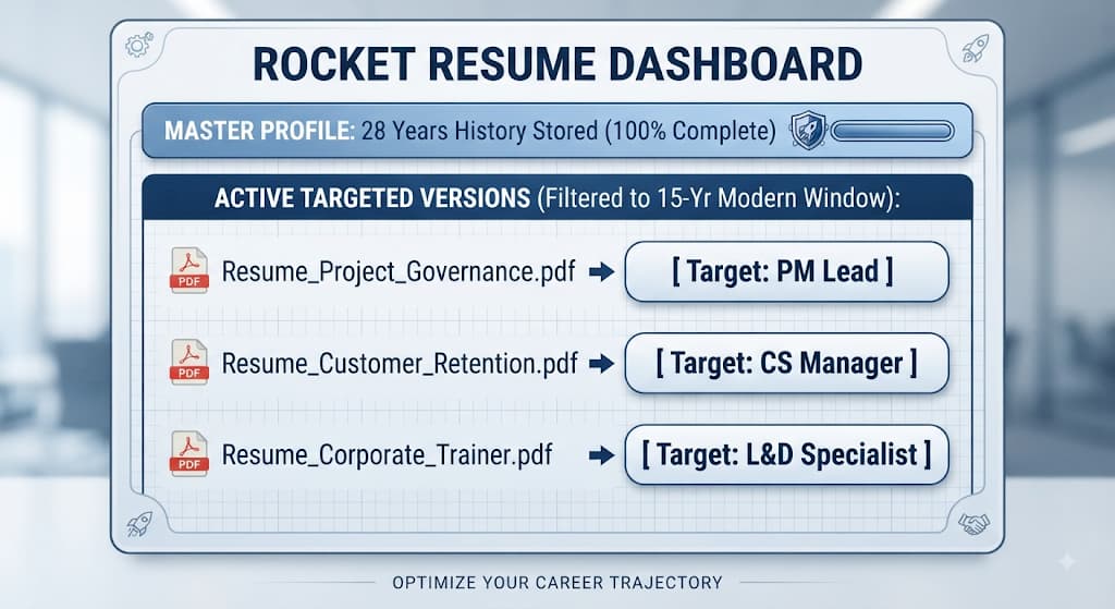 Dashboard mockup listing a master profile and three targeted resume PDF versions