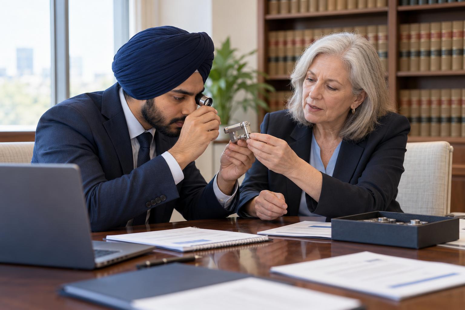 Patent analyst examining an inventor's prototype with a loupe in a law firm conference room