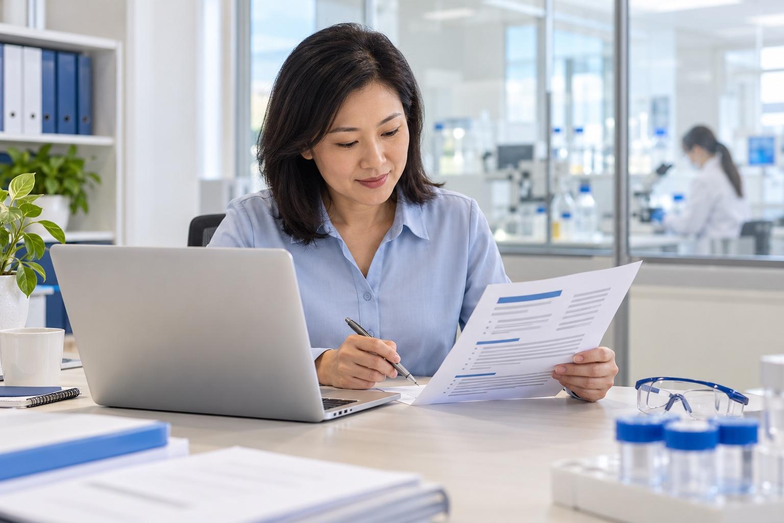 Pharmaceutical quality specialist preparing a printed resume at a laptop in a bright pharmaceutical training office