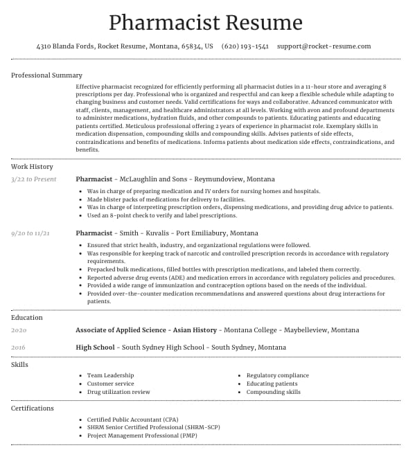 Example pharmacist resume listing work history, education, skills, and certifications