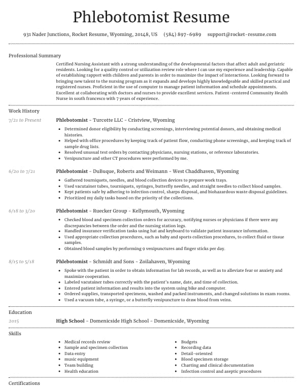 Example phlebotomist resume with professional summary and work history sections