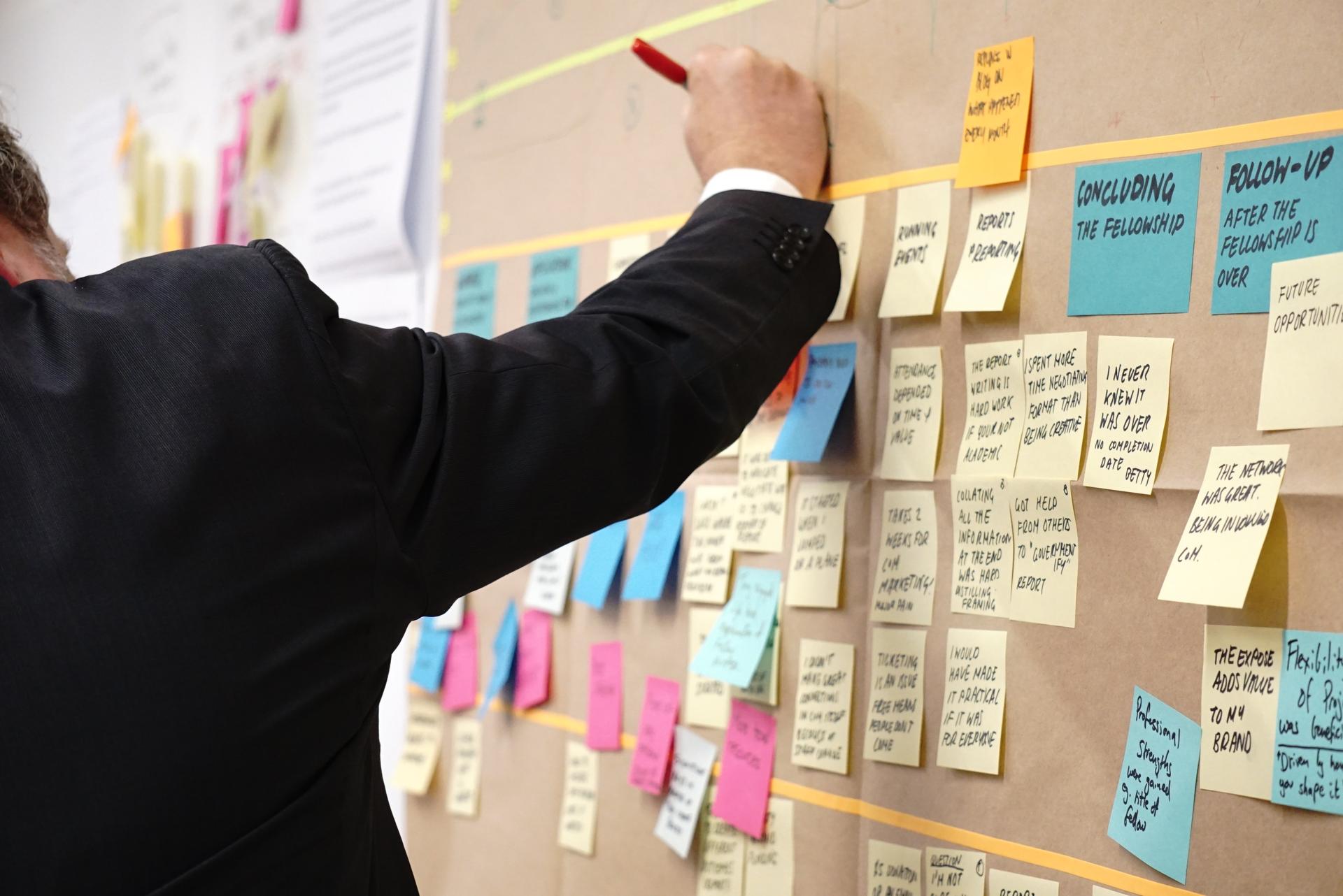 Man in a suit adding a sticky note to a crowded planning wall