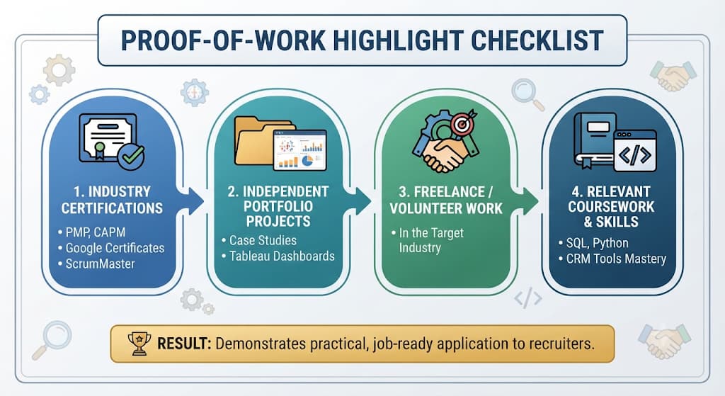 Proof-of-work checklist for career change cover letters: certifications, portfolio projects, freelance or volunteer work, coursework