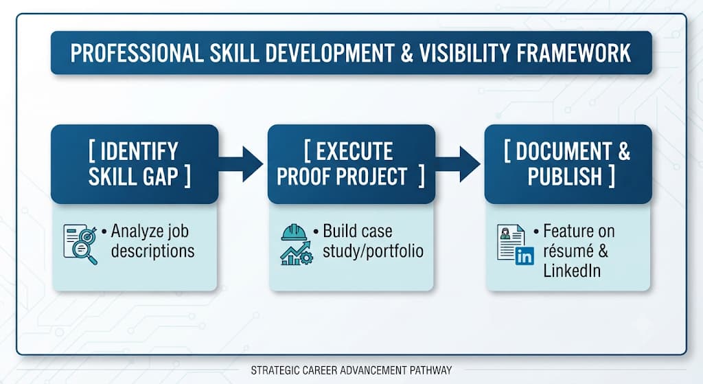 Proof-of-work framework: find skill gaps, build a case study or portfolio, publish on résumé and LinkedIn