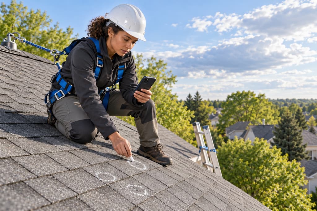 Property insurance claims adjuster inspecting an asphalt-shingle roof in a hard hat