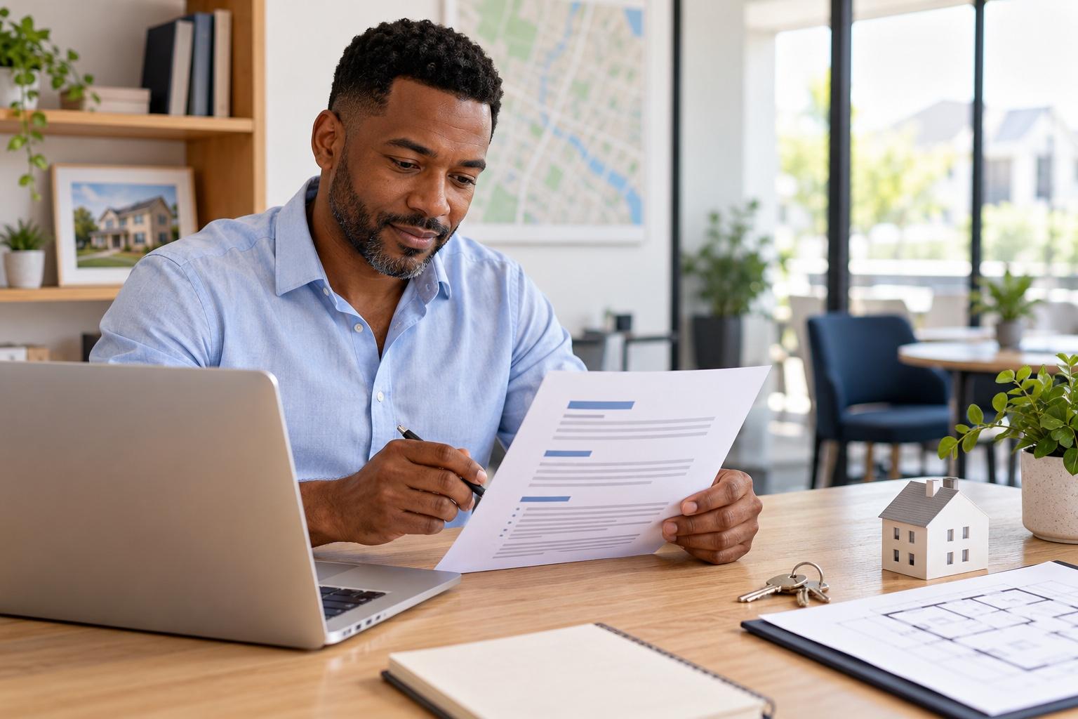 Property professional preparing a printed resume at a laptop in a bright property-office desk