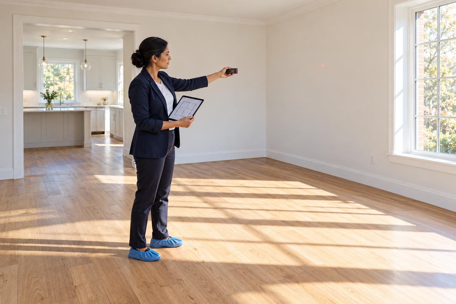 Property valuer inspecting an empty, freshly renovated family home