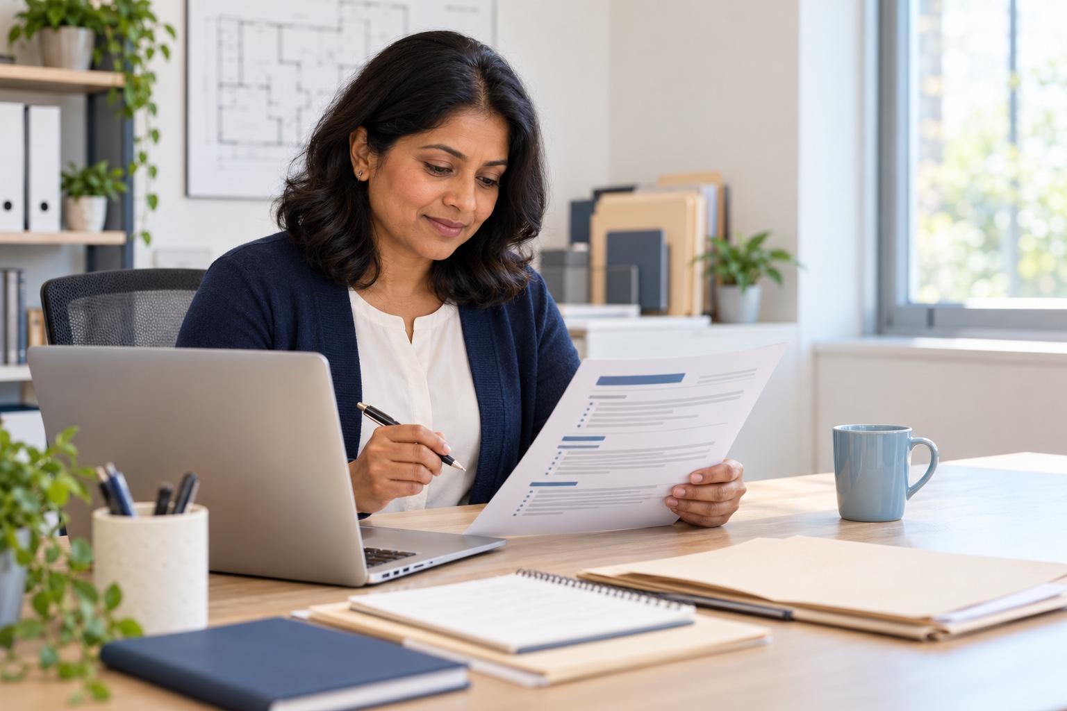 Public-service administrator preparing a printed resume at a laptop in a bright civic-office workspace