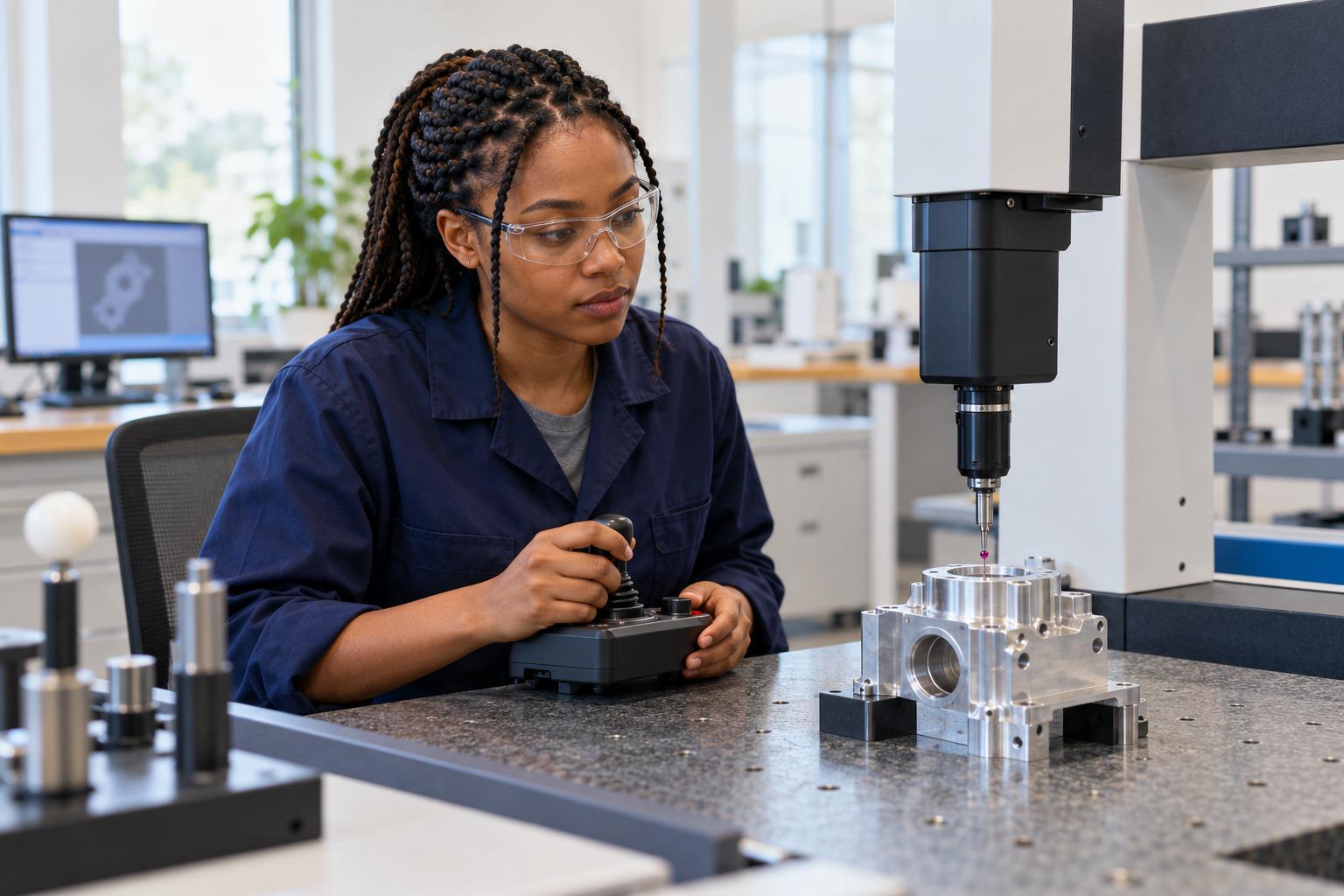 Quality technician measuring a machined aluminum part on a coordinate measuring machine