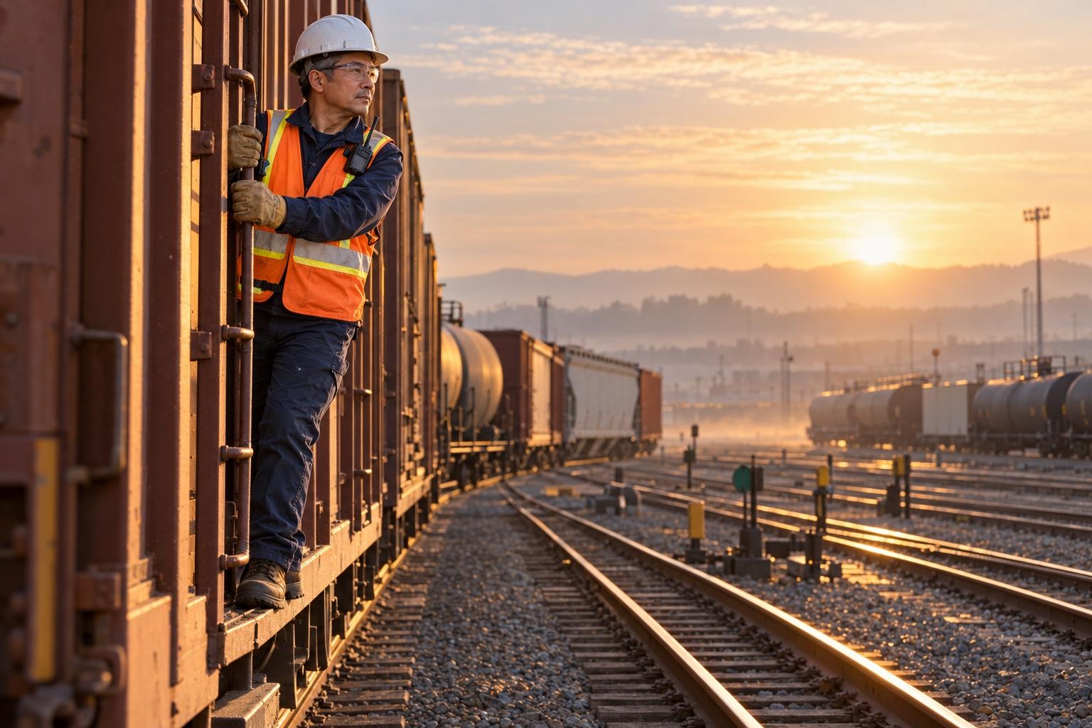 Railroad conductor at work in a freight rail yard at sunrise