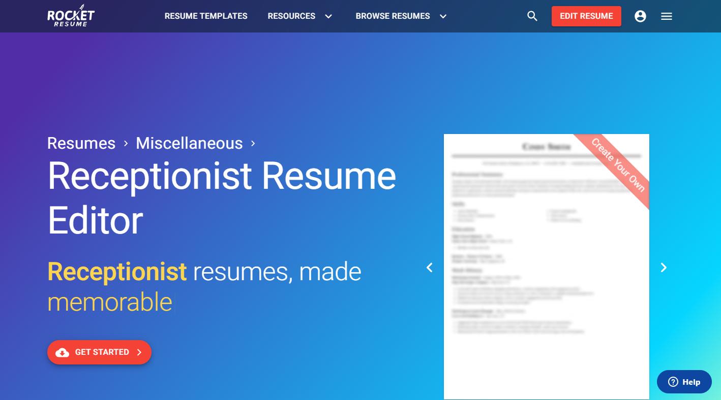 Rocket Resume receptionist resume editor page with an example resume