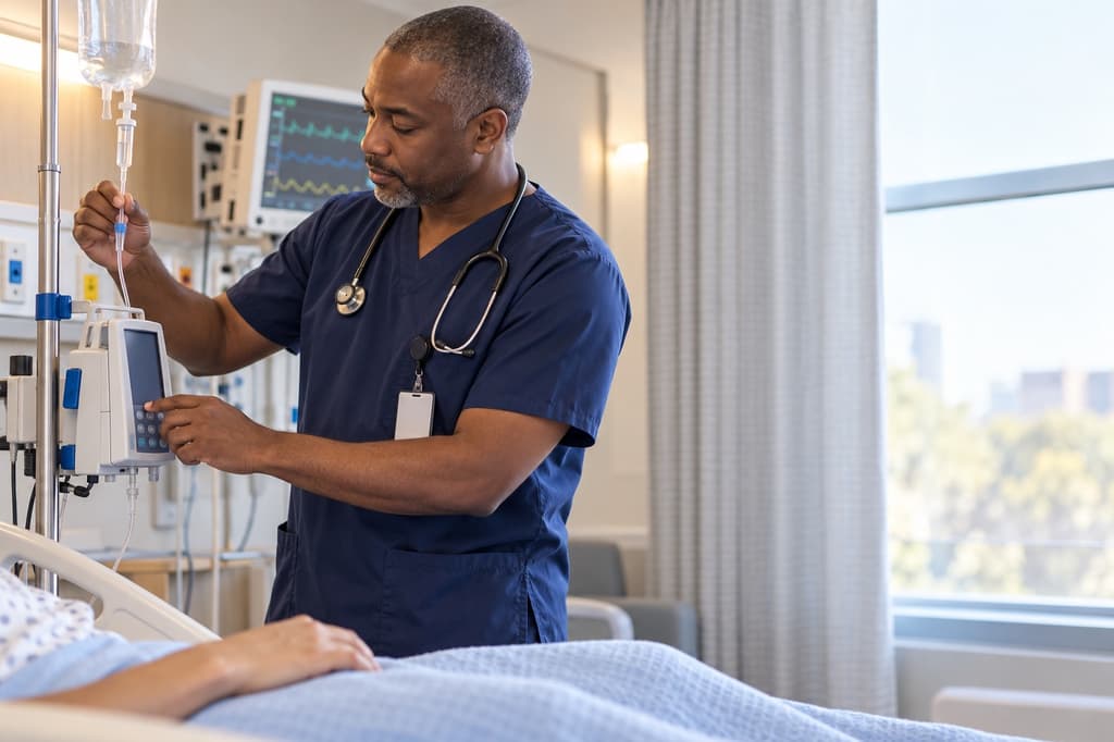 Registered nurse adjusting an IV pump at a patient’s bedside in a hospital room