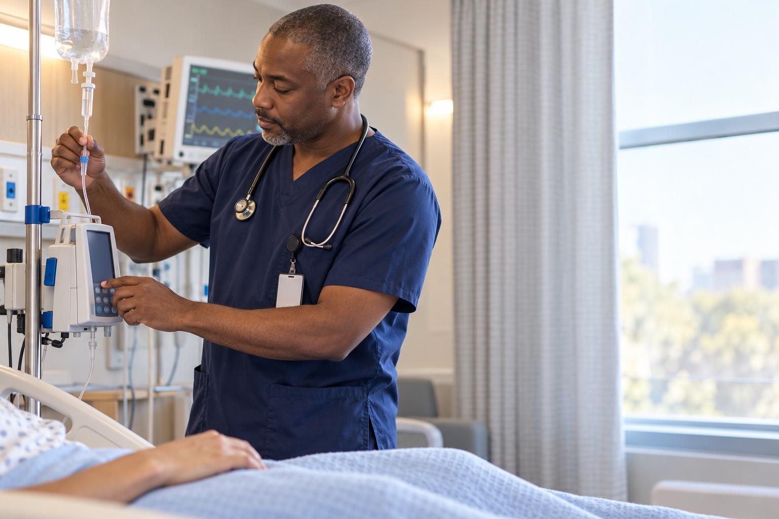 Registered nurse adjusting an IV pump at a patient’s bedside in a hospital room