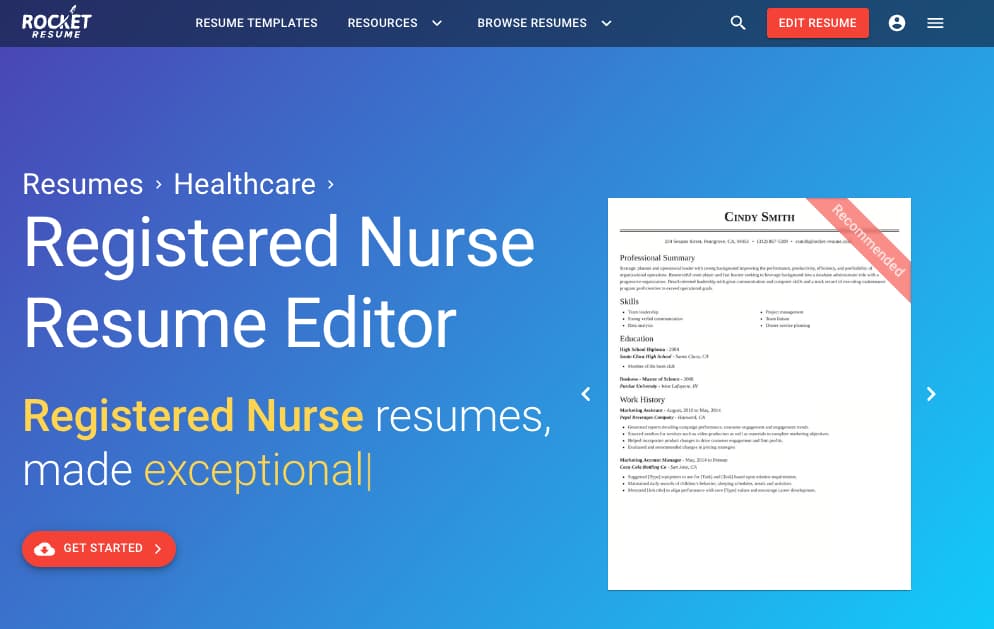 Rocket Resume registered nurse resume editor page with a sample resume