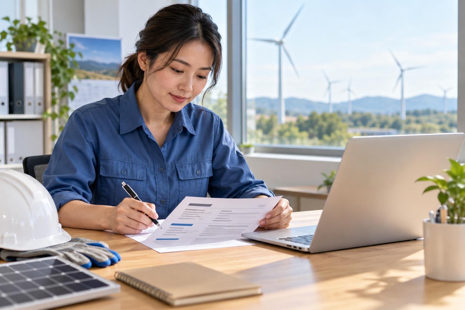 Renewable-energy technician preparing a printed resume at a laptop in a sunny energy operations office