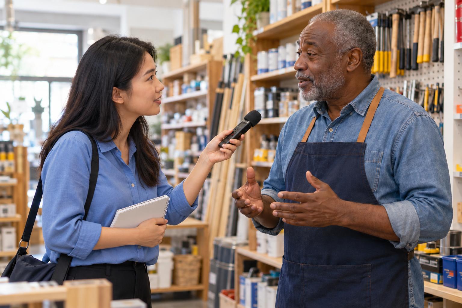 Reporter recording an interview with a hardware shop owner inside his store