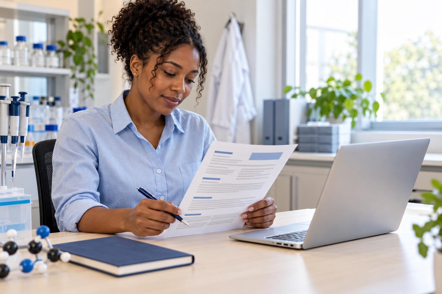 Research associate preparing a printed resume at a laptop in a clean bright laboratory office