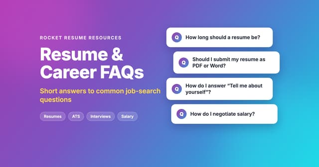 Resume & Career FAQs title beside four question cards: resume length, PDF or Word, Tell me about yourself, and negotiating salary