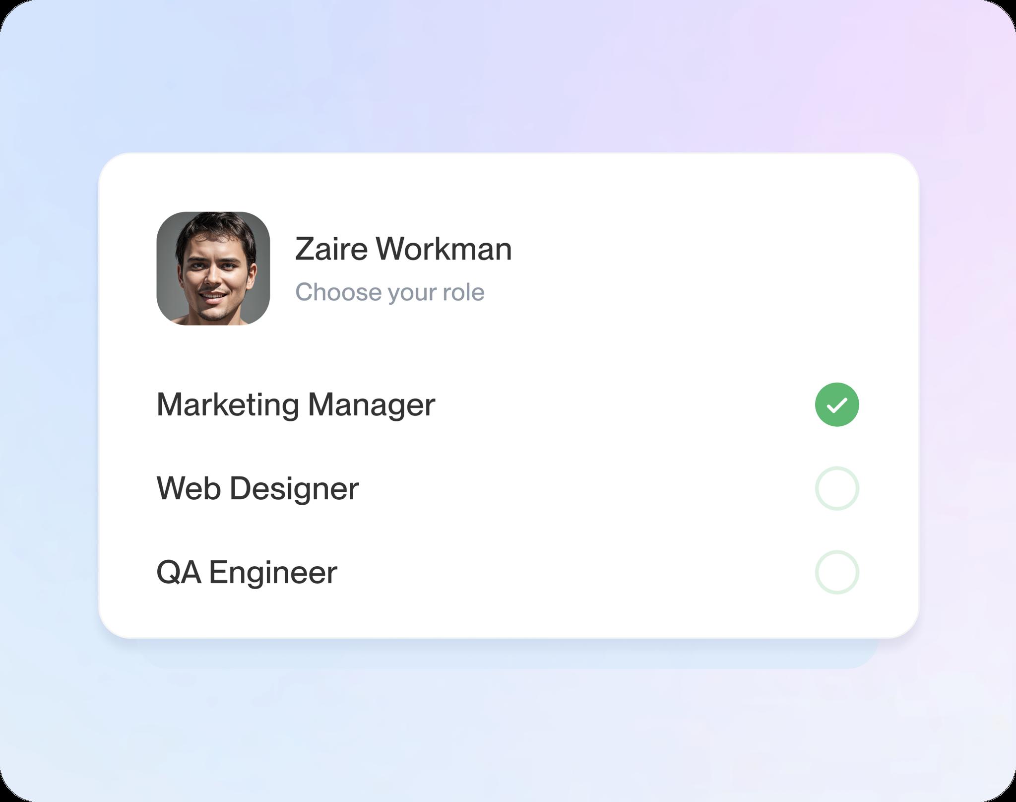 Rocket Resume builder card for choosing your role, with Marketing Manager selected