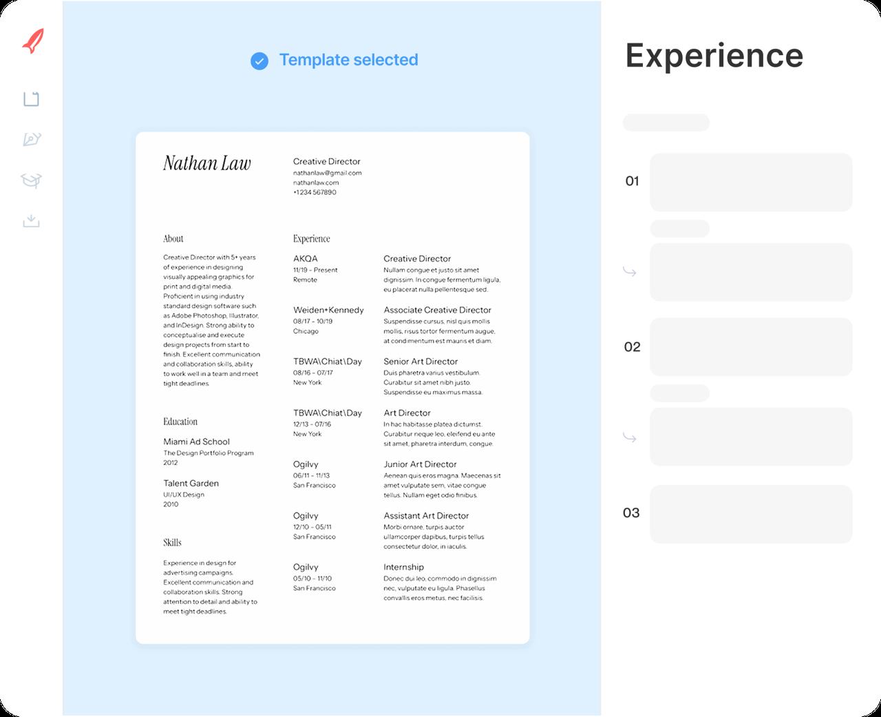 Rocket Resume builder showing a selected template beside the experience step