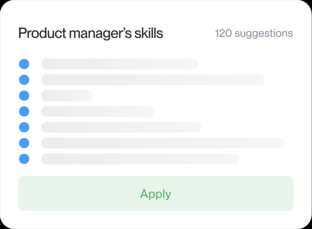 Rocket Resume builder suggesting product manager skills with an apply button