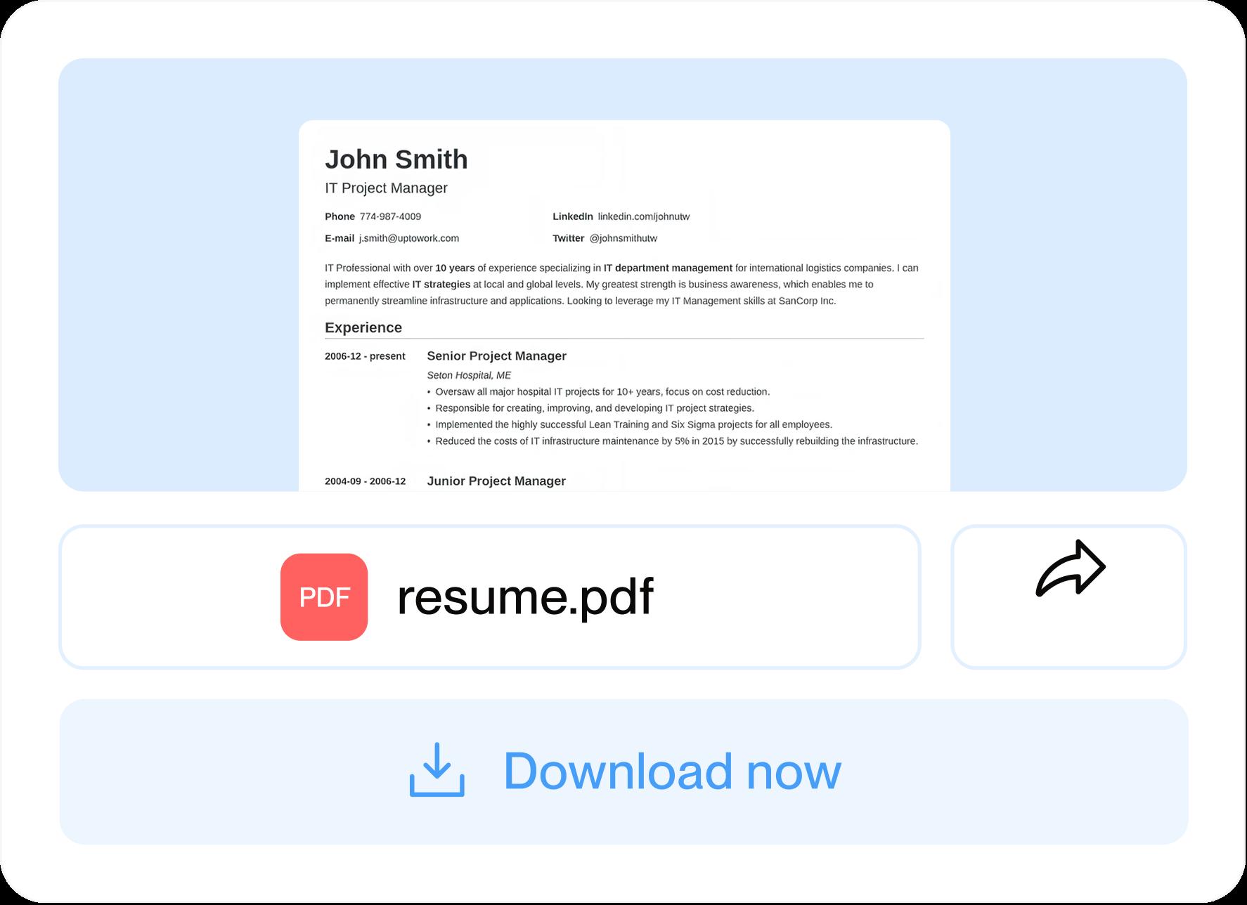 Rocket Resume builder step showing a finished resume ready to download as a PDF