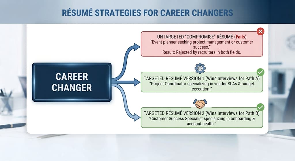 Résumé strategies for career changers: an untargeted compromise résumé fails, two targeted versions win interviews