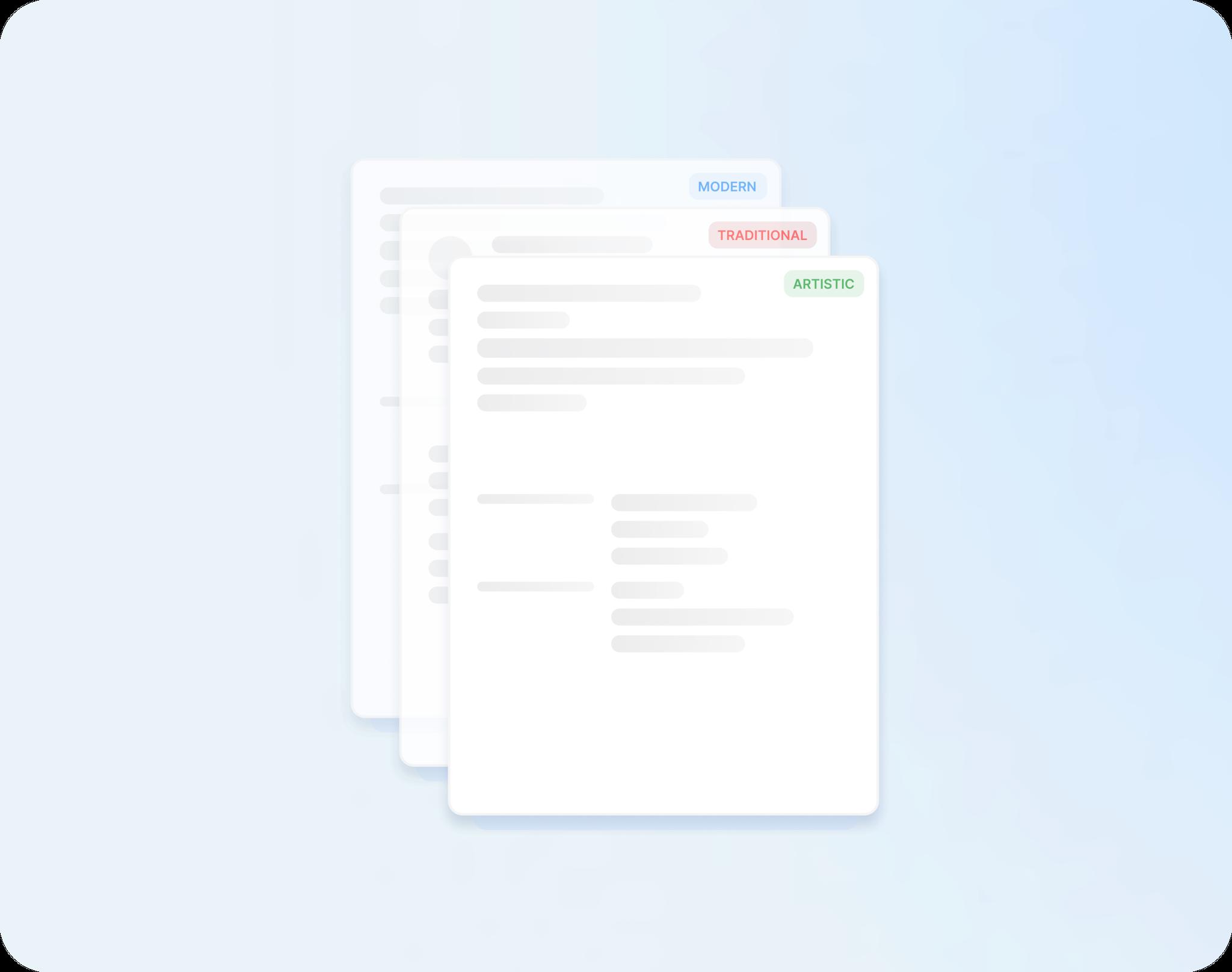 Stacked resume templates labeled modern, traditional, and artistic