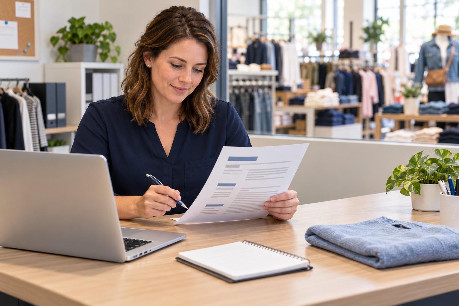 Retail team supervisor preparing a printed resume at a laptop in a bright retail staff office