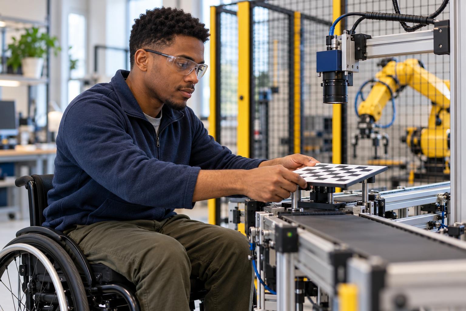 Robotics technician in a wheelchair calibrating a vision camera with a checkerboard target