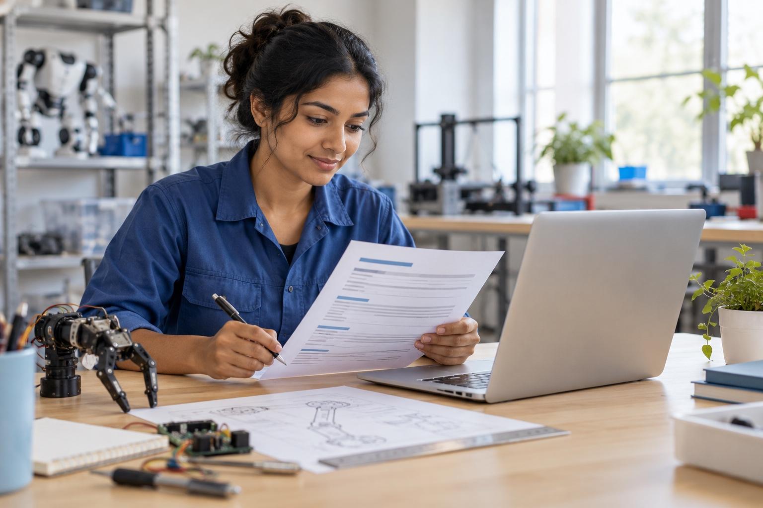 Robotics technician preparing a printed resume at a laptop in a bright robotics lab planning desk