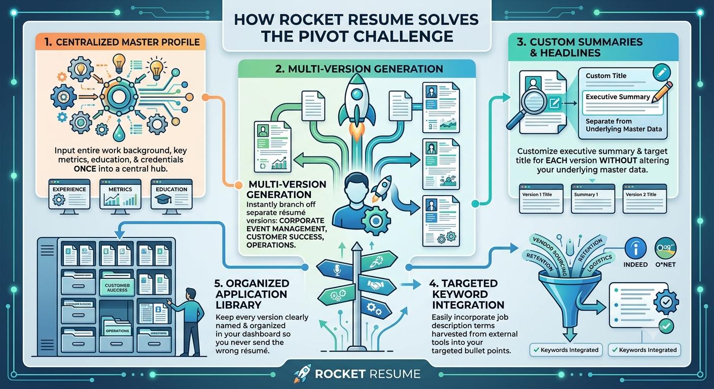 Infographic showing how Rocket Resume manages multiple resume versions for career pivots