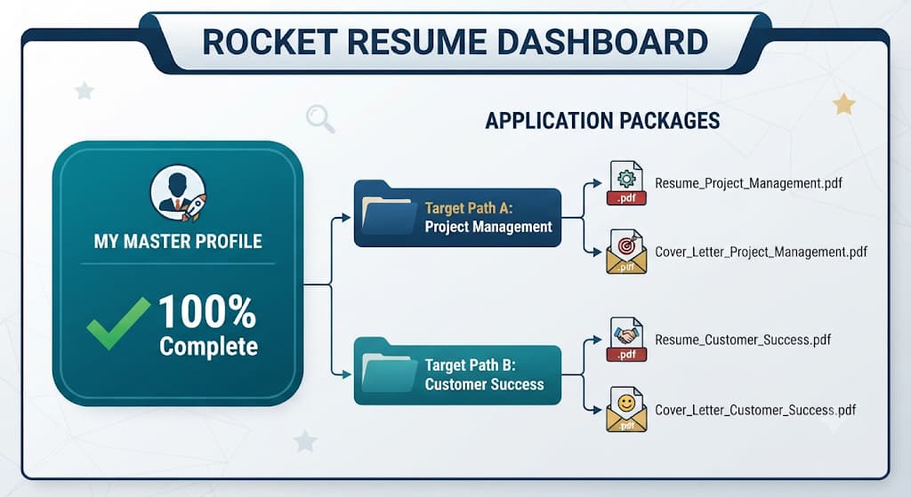 Illustrated Rocket Resume dashboard: one master profile feeding project management and customer success application packages