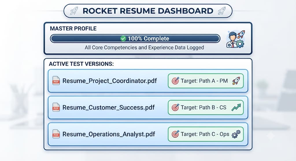Illustrated Rocket Resume dashboard: complete master profile plus project coordinator, customer success and operations analyst resumes