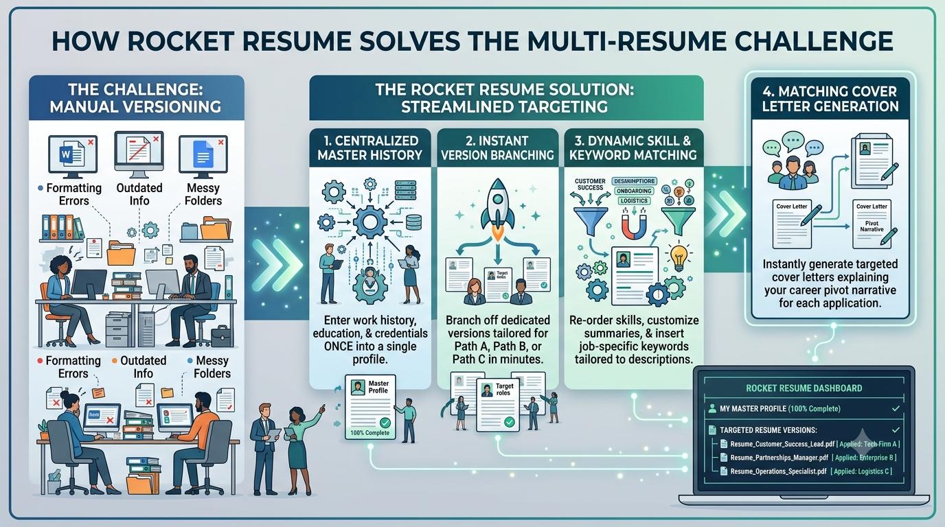 Diagram of how Rocket Resume streamlines managing multiple resume versions