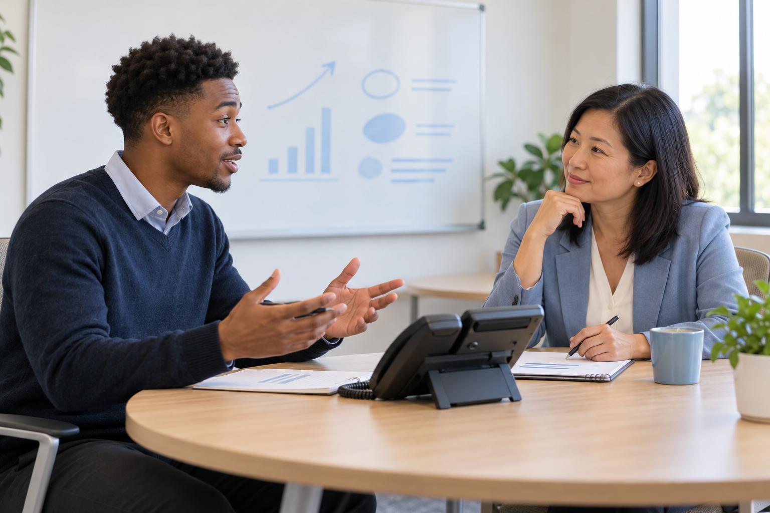 Sales coach role-playing a client call with a new sales representative
