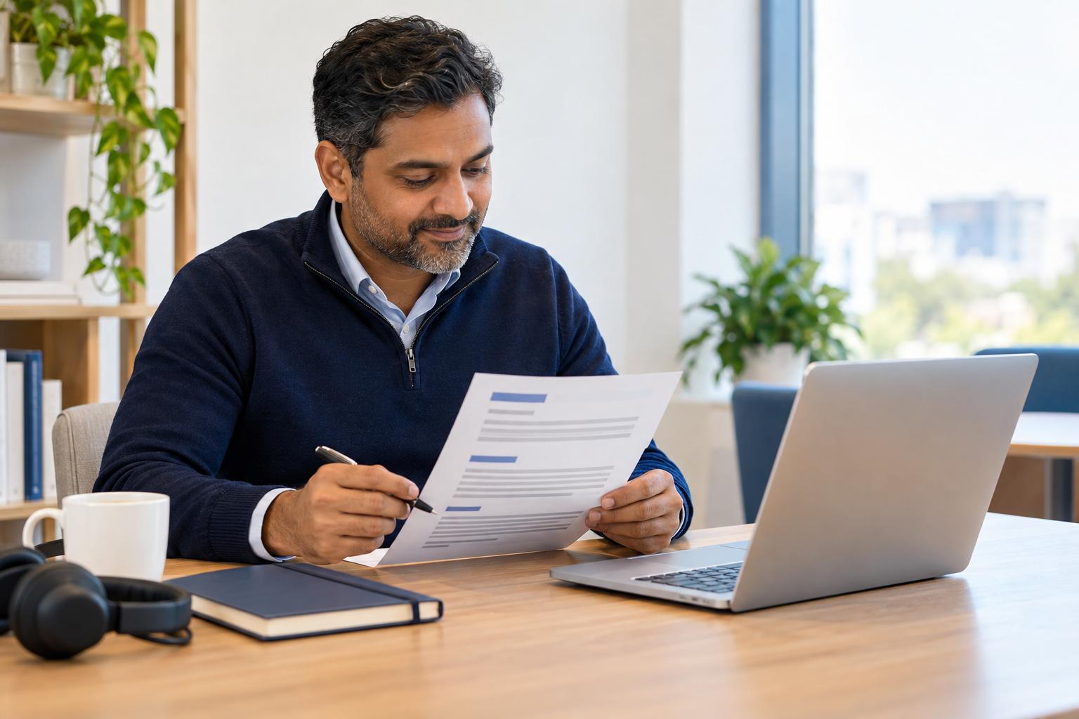 Sales manager preparing a printed resume at a laptop in a bright office