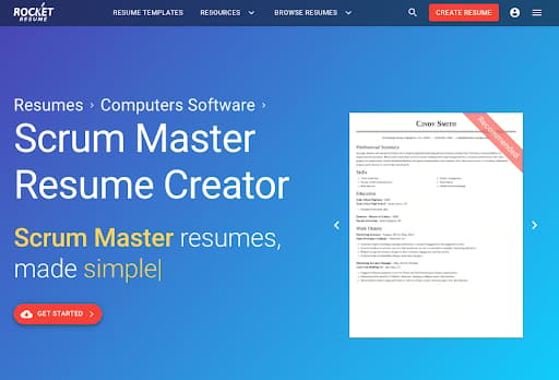 Rocket Resume scrum master resume creator page with a sample resume