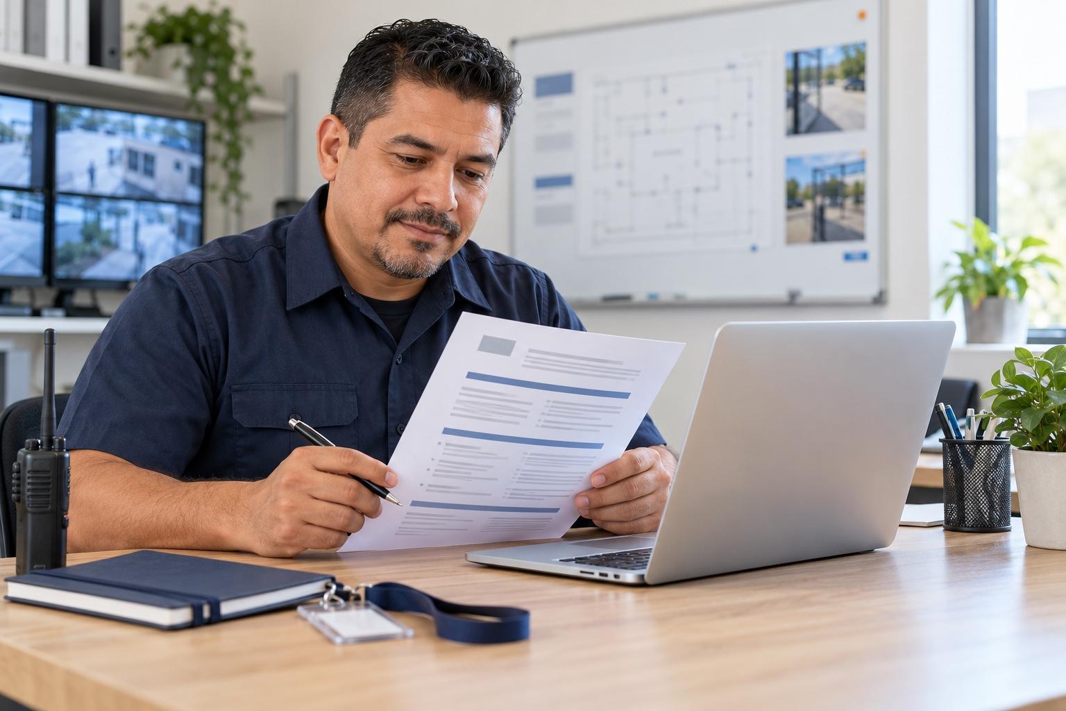 Security operations professional preparing a printed resume at a laptop in a bright security training office