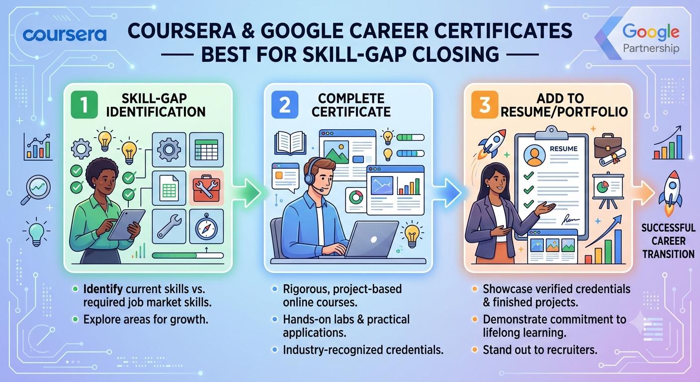 Three-step infographic for closing skill gaps with Coursera and Google certificates, ending with resume updates