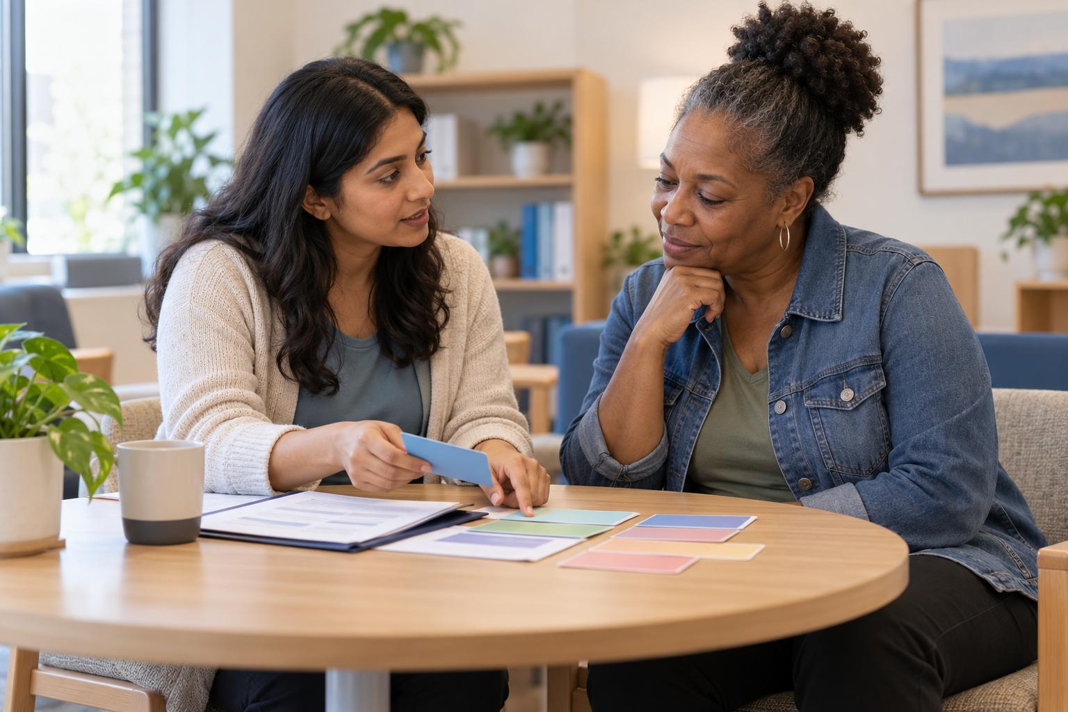 Social worker and adult client reviewing a community-resource referral plan together