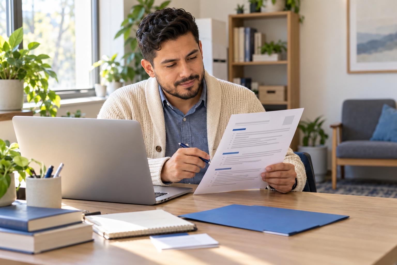 Social worker preparing a printed resume at a laptop in a welcoming daylight community-service office