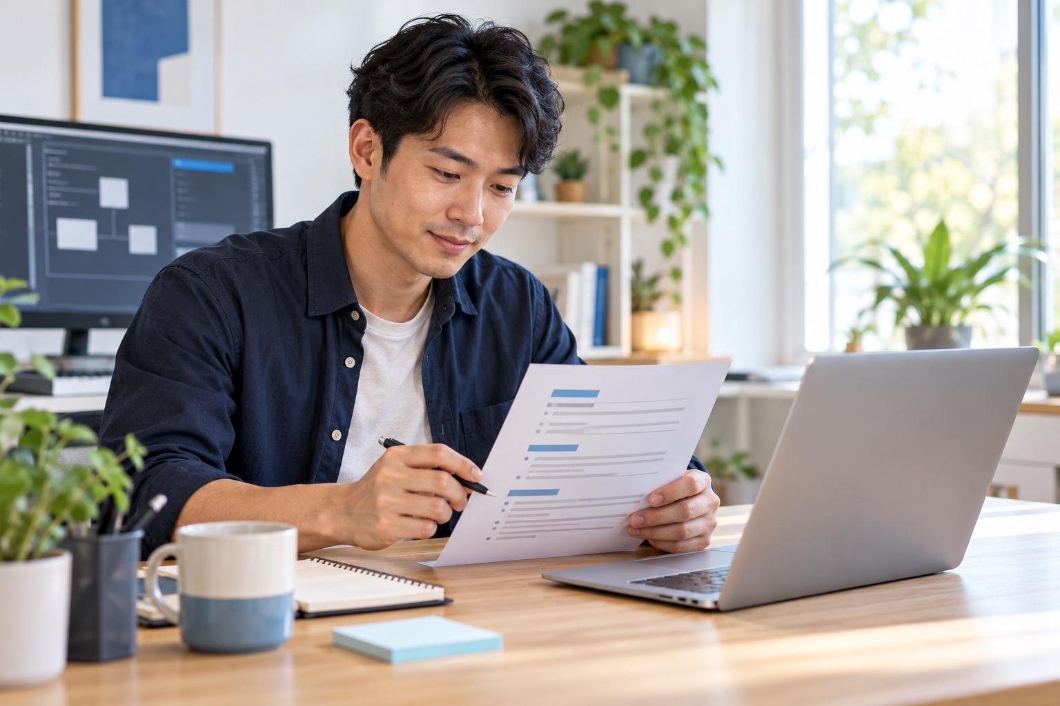 Software developer preparing a printed resume at a laptop in a bright modern technology workspace