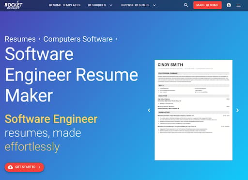 Rocket Resume software engineer resume maker page with a sample resume