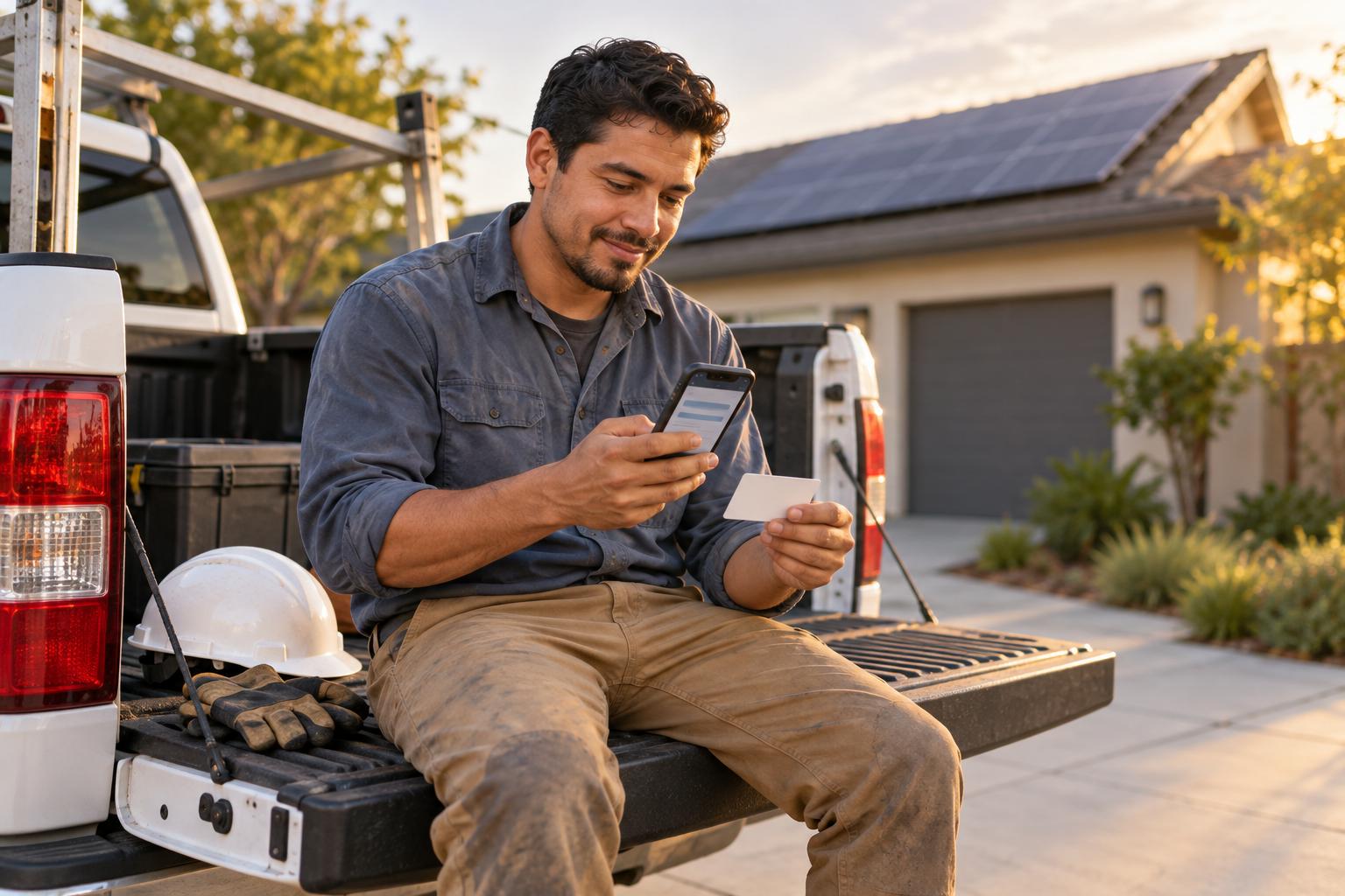 Solar installer adding his certifications to his resume on a phone, sitting on a pickup tailgate