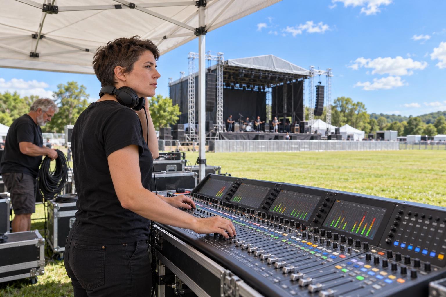 Sound engineer running a soundcheck at the mixing desk of an outdoor music festival